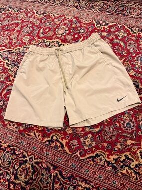 Nike Men’s Beige Athletic Drawstring Shorts with Swoosh